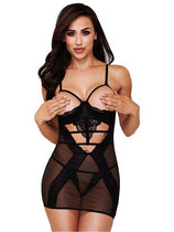 BACI 3146 2 Pc Lace & Mesh Show Me Chemise with G-String - Black